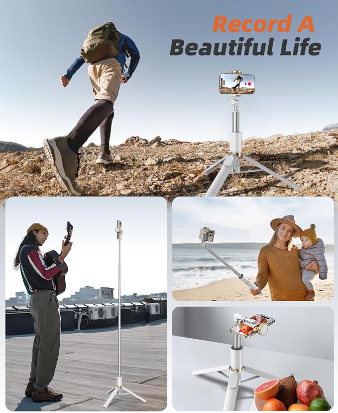 Phone Tripod & Selfie Stick with Remote, Portable, Lightweight for Video Recording Vlog, Extendable Travel Tripod Stand Compatible with iPhone Android, White, 62"