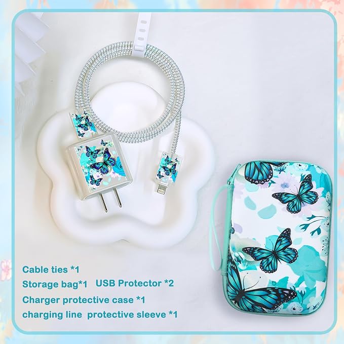 CameCosy Cute Phone Charger Case Storage Set with Lovely Butterfly Cable Protector, Carrying Case Bag, Cable Organizer, USB Earphone Wire Saver Charger Protector for iPhone (Bright Blue)
