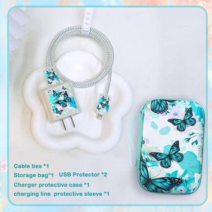CameCosy Cute Phone Charger Case Storage Set with Lovely Butterfly Cable Protector, Carrying Case Bag, Cable Organizer, USB Earphone Wire Saver Charger Protector for iPhone (Bright Blue)