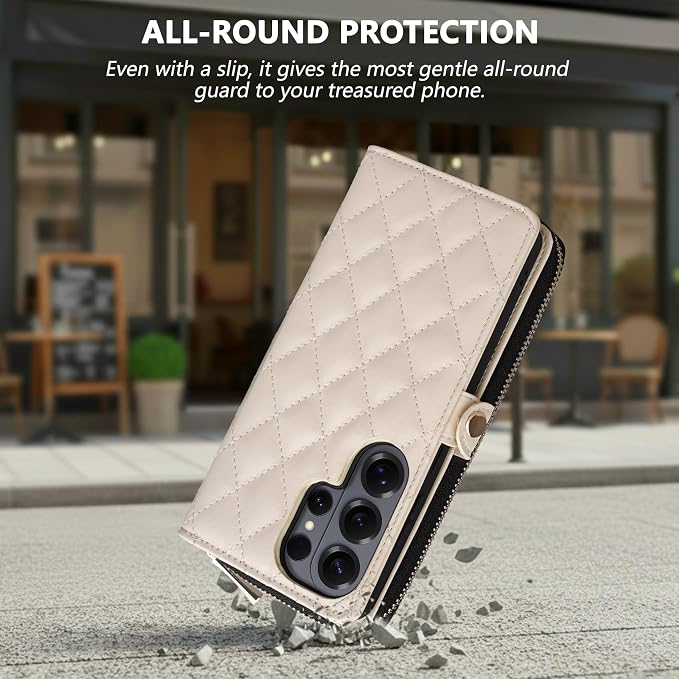 Rssviss Crossbody Case for Samsung Galaxy S26 Ultra Case Wallet, RFID Blocking Leather with Card Holder Kickstand, Handbag Zipper Flip Cover with Wrist Strap for S26 Ultra 6.9" Men Women, White