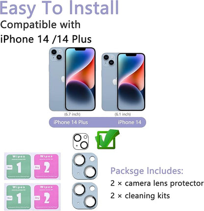 2 Pack Camera Lens Protector for iPhone 14/14 Plus,Metal AR Tempered Glass Rear Camera Screen Cover,Anti-Scratch,Strong Adsorption,Case Friendly, Easy to Install-Blue