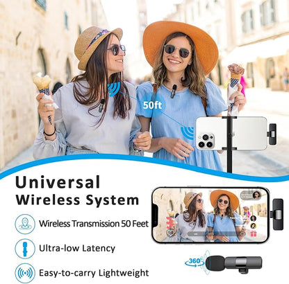 MAYBESTA Wireless Mini Microphone for iPhone 14 Below - Bluetooth Lapel Mic for Video Recording - Clip on Phone Microphones for YouTube Tiktok(Lightning / 2 mics)