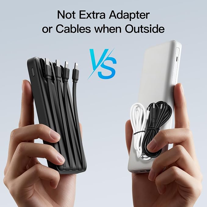 2026 2-Pack 10000mAh Portable Charger with Built in 4 Cables, PD 20W Travel Essentials Battery Pack, 5 Outputs 2 Inputs Slim Power Bank for iPhone 17/16/15/14, Samsung Galaxy S23/22, Pixel etc