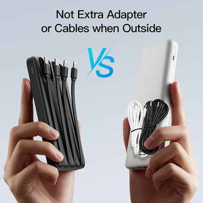 2026 2-Pack 10000mAh Portable Charger with Built in 4 Cables, PD 20W Travel Essentials Battery Pack, 5 Outputs 2 Inputs Slim Power Bank for iPhone 17/16/15/14, Samsung Galaxy S23/22, Pixel etc