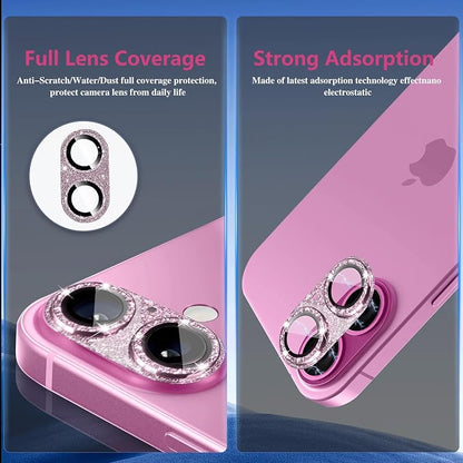 Camera Lens Protector for iPhone 16/iPhone 16 Plus, Bling Glitter Camera Cover with 9H Tempered Glass Metal Ring, Anti-Scratch Camera Protector for iPhone 16/iPhone 16 Plus (Glitter - Pink)