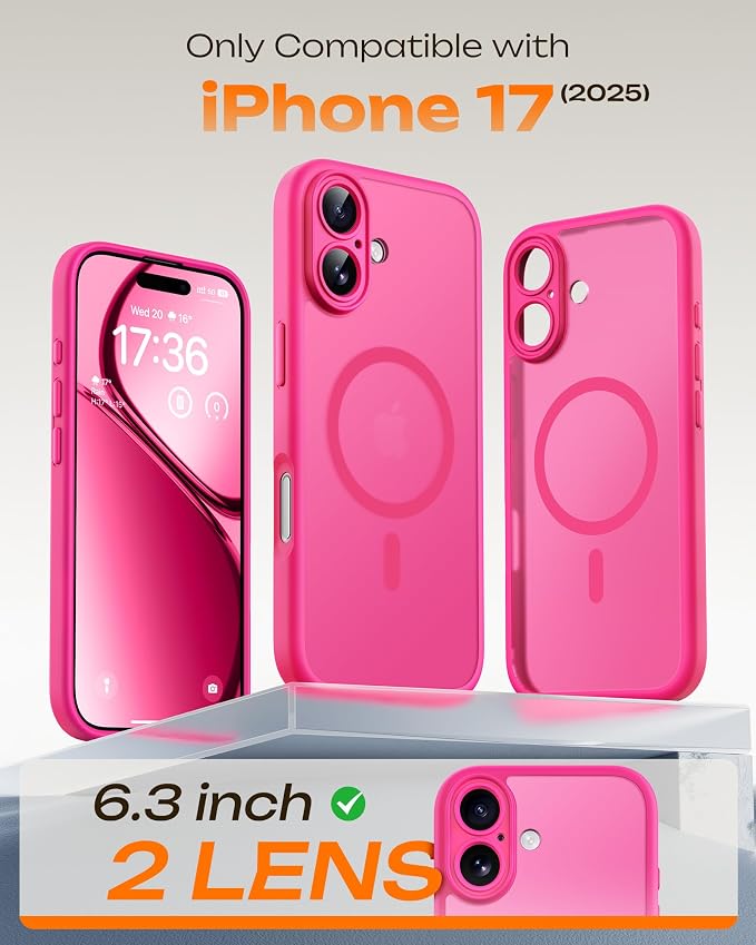 TOCOL for Phone 17 Case, Compatible with Magsafe Charger, Full Camera Protection, Drop Protection, Translucent Matte Phone Case for Phone 17 6.3 inch (Hot Pink)