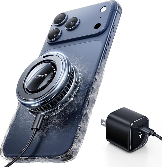TORRAS PolarCircle Qi2.2 Wireless Charger, 25W Cooling Magnetic Pad for Samsung Galaxy S26/S25, Wireless Charger for iPhone 17/16 with 360°Spin Stand, Semiconductor Phone Cooler, with 45W IceNano Plug