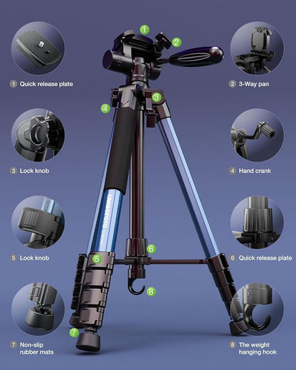 CAMBOFOTO 74"-Camera-Tripod, Navy Blue Professional Aluminum Heavy Duty Tripod Stand for Mirrorless Camera/DSLR/Cell Phone/Camcorder, with Holder and Travel Bag