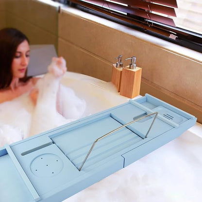 Bathtub Tray Caddy,Bamboo Bathroom Accessories,Expandable Bath Tray,Can be Placed Book and Integrated Tablet Smartphone and Wine Holder,Relaxing Gifts for Women（Blue