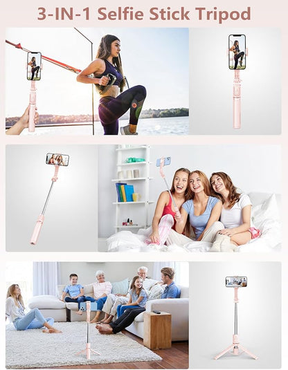 Selfie Stick with Light, 45'' Selfie Stick Tripod with Wireless Remote, Portable Travel Phone Tripod Compatible with iPhone 15 Pro Max/15/14 Pro/14/13, Samsung S22/ S23 Ultra/Android Smartphone (Pink)
