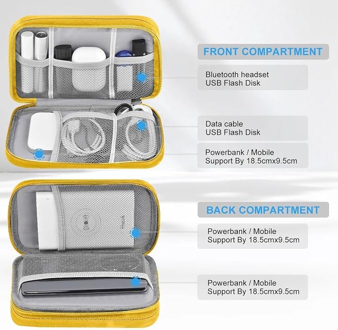 ZINMARK Portable Cable Organizer Case,Travel Pouch with Double-Layer Storage for Cables,Chargers,Earbuds & Phone,Black Yellow– Small Size