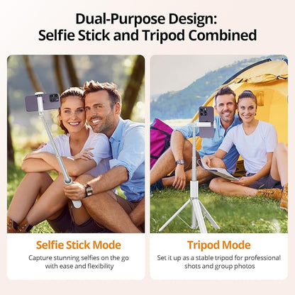 ATUMTEK 55" Selfie Stick Tripod, All-in-one Extendable Aluminum Travel Tripod with Rechargeable Bluetooth Remote, Phone Selfie Stick 360° Rotatable for iPhone 17 Pro Max 16/15/14/13 Smartphones, White