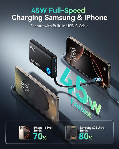 INIU PawGo Portable Charger, 45W PD 10000mAh Slim Power Bank with Built-in USB-C, Travel Airplane Camping Hiking, for Family Commuter Students Photographers