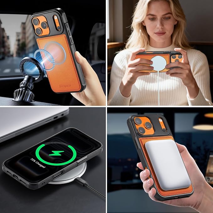 Strapurs for iPhone 17 Pro Detachable Wallet Case Compatible with Magsafe, RFID Blocking 9-Card Holder Zipper Wrist Strap Lanyard PU Leather Magnetic Phone Case for iPhone 17 Pro 6.3", Orange