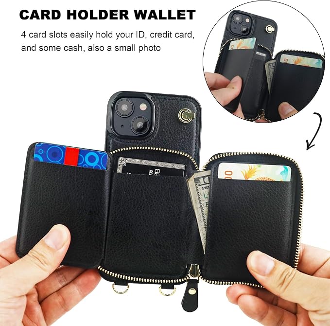 Bocasal for MagSafe Crossbody Wallet Case Compatible with iPhone 15, RFID Blocking Protective Purse Case with Card Slots Holder Kickstand Wrist Strap Lanyard Zipper 6.1 Inch 5G (Black)