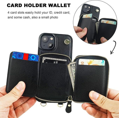 Bocasal for MagSafe Crossbody Wallet Case Compatible with iPhone 15, RFID Blocking Protective Purse Case with Card Slots Holder Kickstand Wrist Strap Lanyard Zipper 6.1 Inch 5G (Black)
