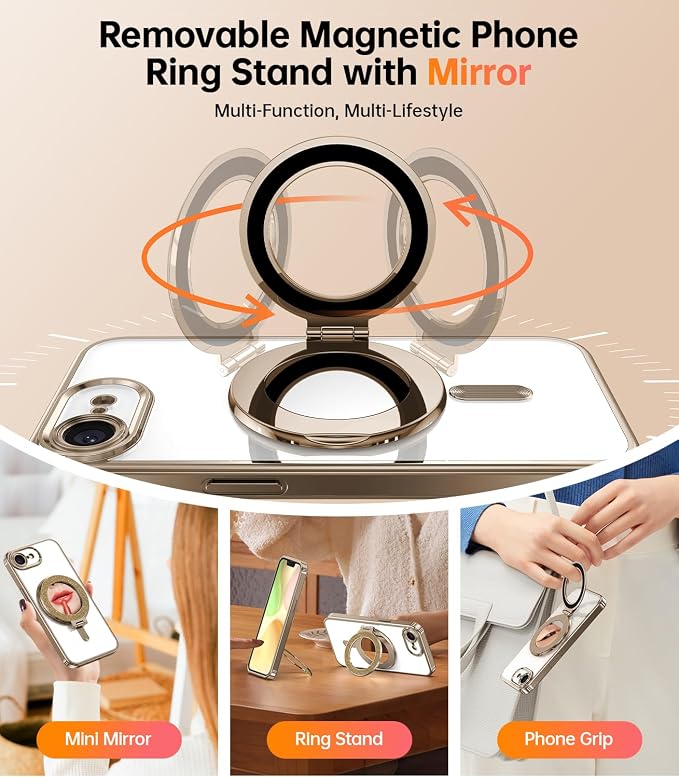 Meifgino Magnetic Case with Removable Phone Ring Stand for iPhone 16E 6.1’’, [Glitter Card & Wrist Strap] [MagSafe Compatible] [Built in Mirror] Phone Ring Stand + Phone Case Kit, Desert Titanium