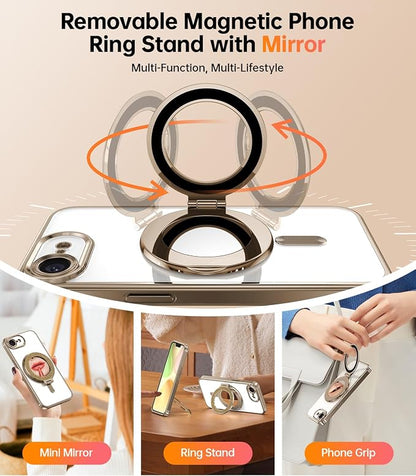 Meifgino Magnetic Case with Removable Phone Ring Stand for iPhone 16E 6.1’’, [Glitter Card & Wrist Strap] [MagSafe Compatible] [Built in Mirror] Phone Ring Stand + Phone Case Kit, Desert Titanium