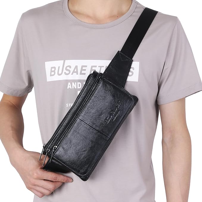 KPYWZER Vintage Leather Fanny Pack Waist Bag for Men Women Outdoor Travel Hunting Hiking Camping Hip Bum Belt Cell Phone Purse Wallet Pouch Retro Crossbody Sling Pouch Black