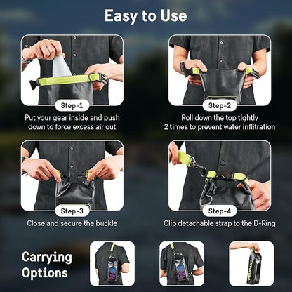 Pelican Marine IP68 Waterproof Dry Bag 2L - Roll Top Waterproof Backpack w/Phone Case/Pouch - Boating & Kayak Accessories - Essentials for Camping Swimming Beach Fishing Rafting Travel - Black/Yellow
