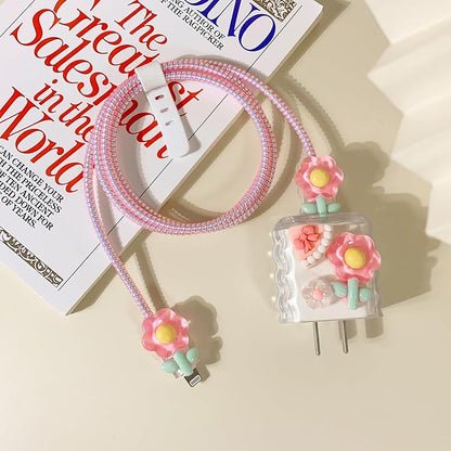 Lovmooful Compatible for iPhone 18W/20W USB-C Charger Cover Clear Lovely 3D Flower Floral Bowknot Design Soft Charger Protector Cute Cable Case Saver Protector for Girls Women-Pink Flower