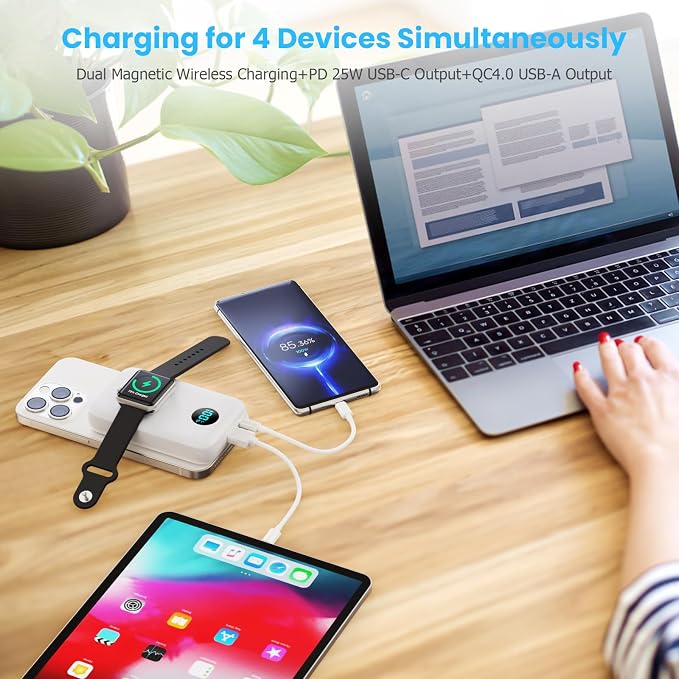 Magnetic Portable Charger with Apple-Watch Charger,10800mAh 25W PD Fast Charging Wireless Power Bank,4 Outputs Travel Essential Battery Pack for iPhone 17/17 Pro Max/16/15/14/13/12 All Series (White)