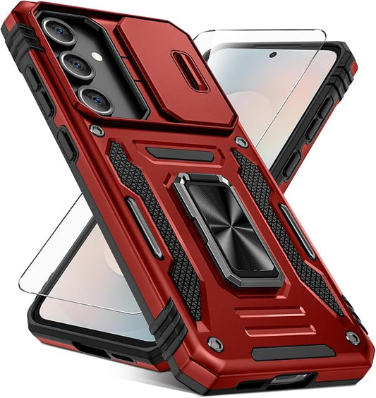 Caka for Samsung Galaxy S25 FE Case [HD Screen Protector] [Full Camera Lens Cover] [360°Rotated Kickstand Ring] [Heavy Duty Protection] Hard Rugged Protective Phone Cover for S25 FE - Red