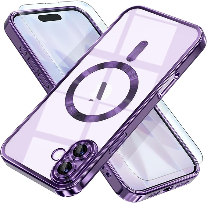 Misea Magnetic for iPhone 17 Case Compatible with MagSafe [Never Yellowing] [Military Grade Drop Protection] Full Camera Lens Protector Plating Soft Clear Phone Case for Women, Deep Purple