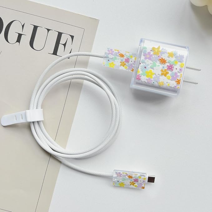 Lovmooful Compatible for iPhone 18W/20W USB-C Charger Cover Clear Lovely Flower Floral Design Soft Charger Protector Cute Cable Case Saver Protector for Girls Women-Color Flower