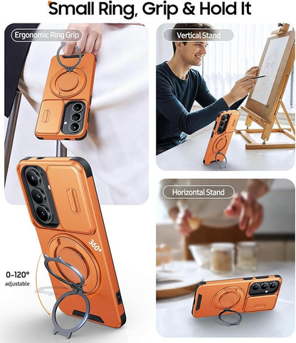 JAME for Samsung Galaxy S26 Case, Ring Holder Stand Kickstand, Slide Camera Cover with Screen Protector, Dual-Layer Shockproof Protective, Magnetic Accessory Friendly Galaxy S26 Phone Case, Orange