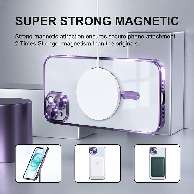 Misea Magnetic for iPhone 15 Plus Case Compatible with MagSafe [Never Yellowing] [Military Grade Drop Protection] Full Camera Lens Protector Plating Soft Clear Phone Case for Women, Purple