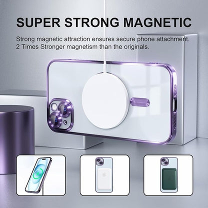 Misea Magnetic for iPhone 15 Plus Case Compatible with MagSafe [Never Yellowing] [Military Grade Drop Protection] Full Camera Lens Protector Plating Soft Clear Phone Case for Women, Purple