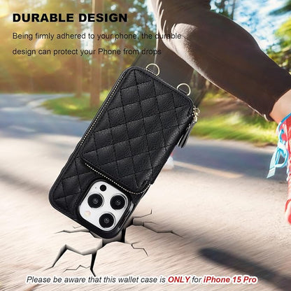 Bocasal Crossbody Wallet Case for iPhone 15 Pro, RFID Blocking PU Leather Zipper Handbag Purse Flip Cover, Kickstand Folio Case with Card Slots Holder Wrist Strap Lanyard 5G 6.1 Inch (Black)