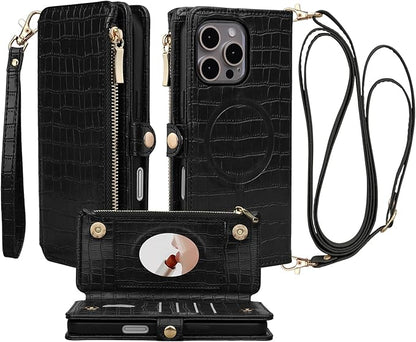 Crossbody Wallet Case for iPhone 16 Pro Max with Mirror, Wrist Strap, Zipper Purse Magnetic Flip RFID Blocking Card Holder, Wireless Charging, PU Leather Shockproof 6.9" Women (Black)