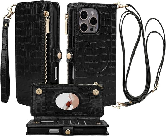 Crossbody Wallet Case for iPhone 16 Pro Max with Mirror, Wrist Strap, Zipper Purse Magnetic Flip RFID Blocking Card Holder, Wireless Charging, PU Leather Shockproof 6.9" Women (Black)