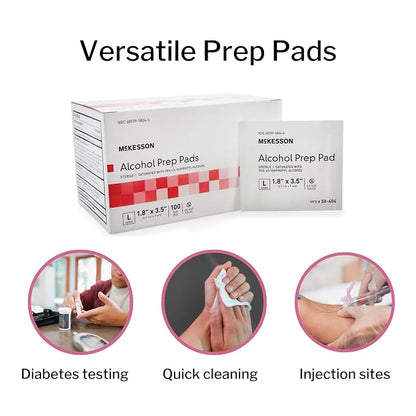 McKesson Alcohol Prep Pads [Pack of 100] 70% Isopropyl, Individually Wrapped Wipes, Sterile, Medical-Grade, First Aid, Large