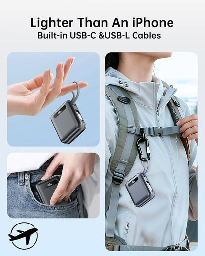 Portable Charger Power Bank, Ultra Mini 10000mAh Portable Charger with Built-in Cables, 35W Fast Charging Battery Pack, Travel Essential Compatible with iPhone 17 16 15 Samsung S22 S21 Google iPad etc