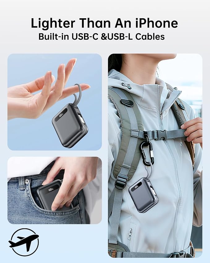 Portable Charger, Ultra Mini 10000mAh Portable Charger Power Bank with Built-in Cables, 35W Fast Charging Battery Pack, Travel Essential Compatible with iPhone 17 16 15 Samsung S22 S21 Google iPad etc