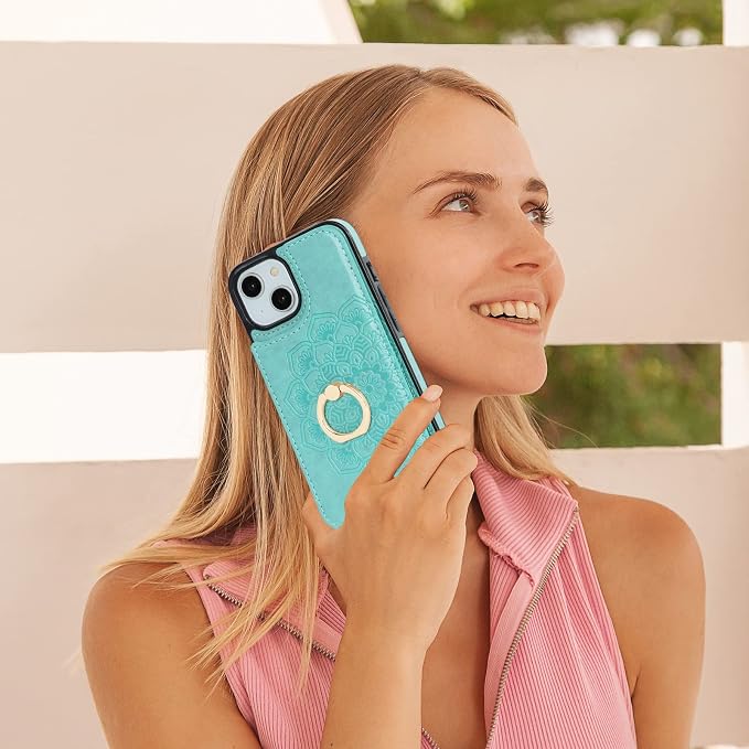 HAOPINSH for iPhone 13/ iPhone 14 Wallet Case with Card Holder, 360°Rotation Ring Kickstand, Green Mandala Pattern, RFID Blocking Leather for Girls Women, Double Buttons Flip Protective Cover 6.1"
