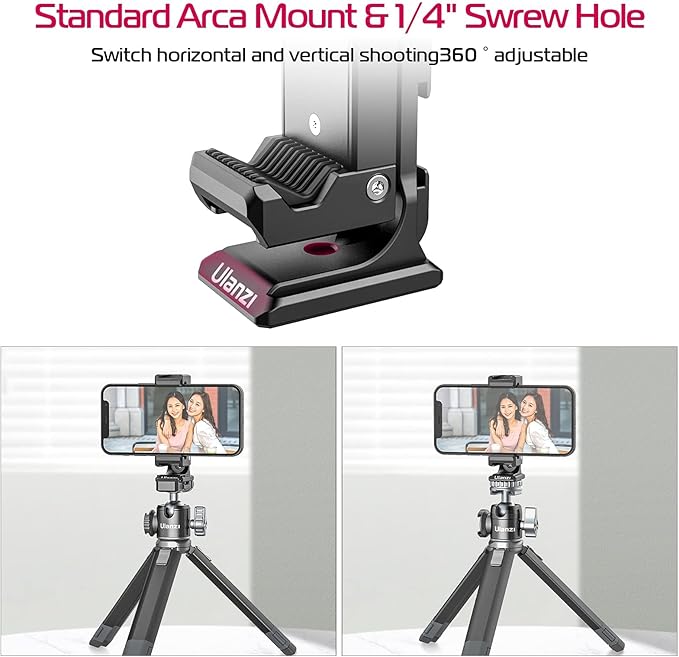 ULANZI ST-27 Metal Phone Tripod Mount, 360° Phone Holder for Tripod w 3 Cold Shoes & Arca Port, Versatile Smartphone Adapter for iPhone 17 16 15, Desktop Tripods, and Live Streaming/Vlogging Setup