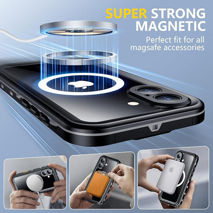Red2Fire for iPhone 16 Case Waterproof, [Built-in Screen Protector & Camera Protector][Compatible with MagSafe][Full Body Shockproof][IP68 Waterproof][Dustproof] Phone Case 6.1" Black/Clear