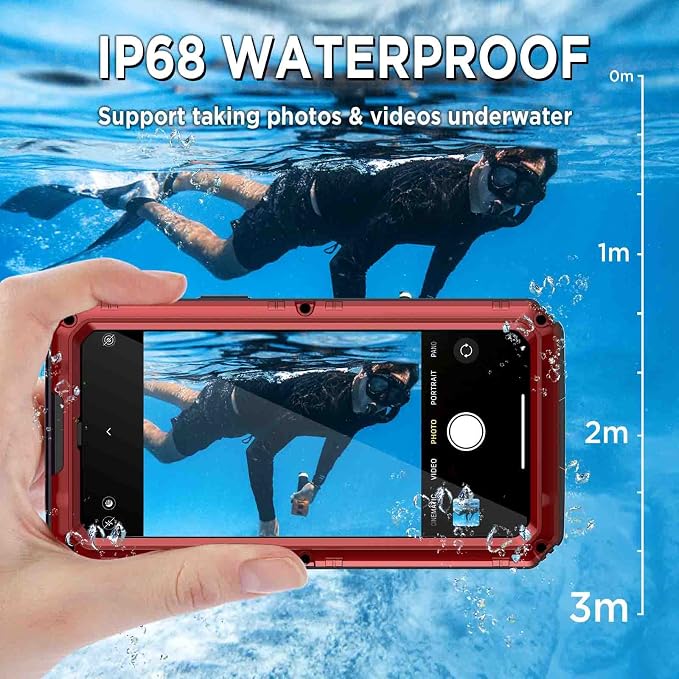 Beasyjoy for iPhone 14 Plus Case, IP68 Waterproof Metal Heavy Duty Defender Case with Built-in Screen Protector, Military Grade Full Body Protective Defender Shockproof Rugged Cover 6.7 Inch, Red