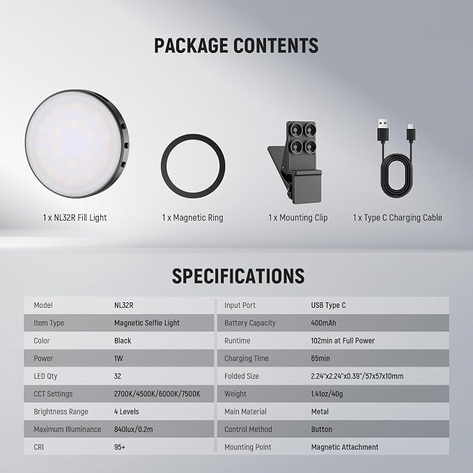 NEEWER Entry Level Version Magnetic Selfie Light Compatible with MagSafe iPhone, 1W Clip on Metal LED Phone Fill Ring Lighting for Laptop Video Conference Makeup Recording, CRI95+ 840lux/0.2m, NL32R