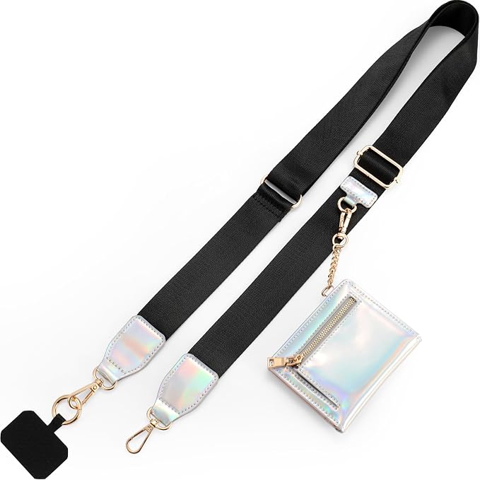 Diaclara Clip and Go Phone Strap with Zipper Pouch- Stylish Crossbody Adjustable Chain Lanyard with Leather Wallet for All Phones, Black and Silver