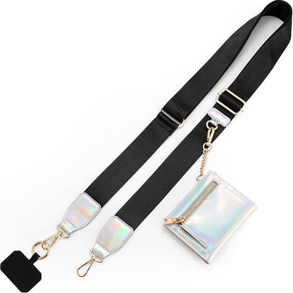 Diaclara Clip and Go Phone Strap with Zipper Pouch- Stylish Crossbody Adjustable Chain Lanyard with Leather Wallet for All Phones, Black and Silver