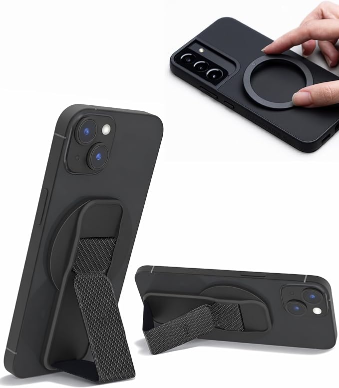CLCKR for MagSafe Phone Grip for MagSafe Kickstand for Mag Safe Finger Loop, 3-in1 Phone Ring Holder Strap for Mag Safe iPhone 17/16/15/14/13/12 Series, Galaxy S25/S24/S23/S22, Pixel - Carbon