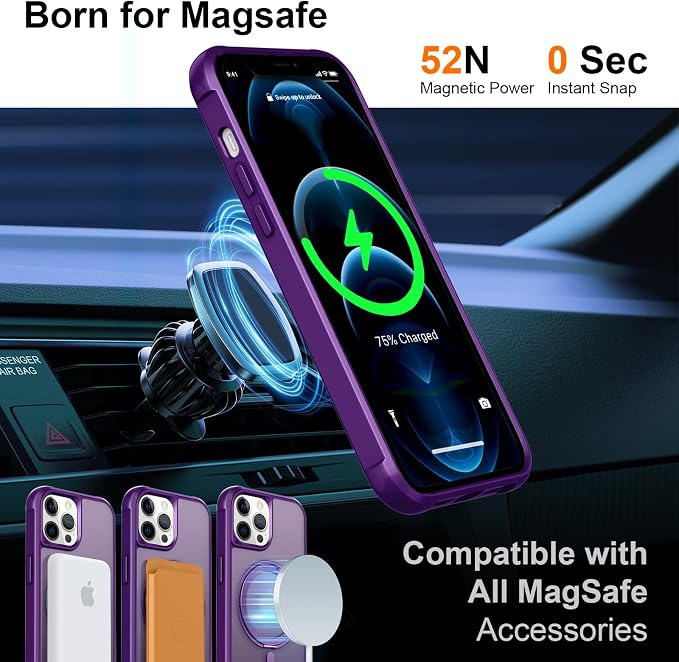 360° Magnetic Swivel Ring for iPhone 12 pro case, Built-in Metal Stand and Ring Holder, Magsafe Compatible, Military Grade Protection, Shockproof - Purple