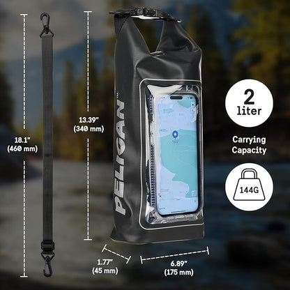 Pelican Marine IP68 Waterproof Dry Bag 2L - Roll Top Waterproof Backpack w/Phone Case/Pouch - Boating & Kayak Accessories - Essentials for Camping Swimming Beach Fishing Rafting Travel - Black