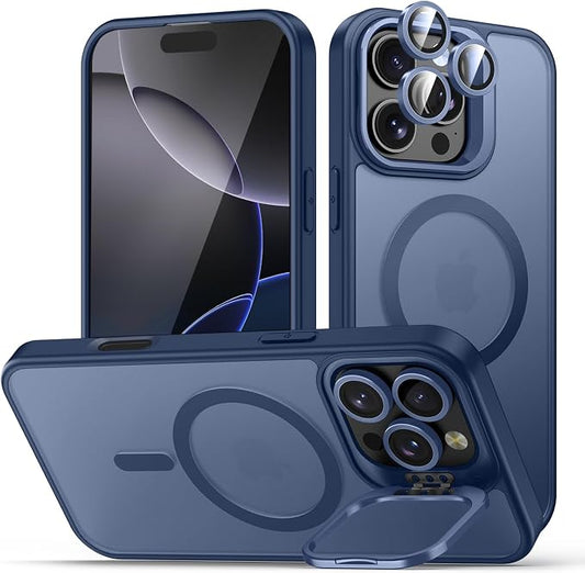 for iPhone 16 Pro Max Case, Compatible with MagSafe, Built-in Camera Ring Stand, with Individual Camera Cover, Translucent Matte Military-Grade Drop Protection Magnetic Case, Blue
