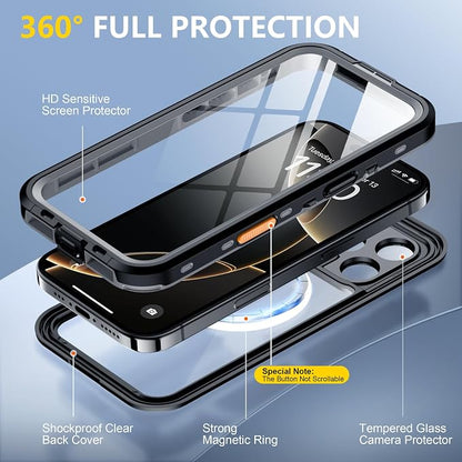 Red2Fire for iPhone 16 Pro Case Waterproof, [Built-in Screen Protector & Camera Protector][Compatible with MagSafe][Full Body Shockproof][IP68 Waterproof][Dustproof] Phone Case 6.3" Black/Clear